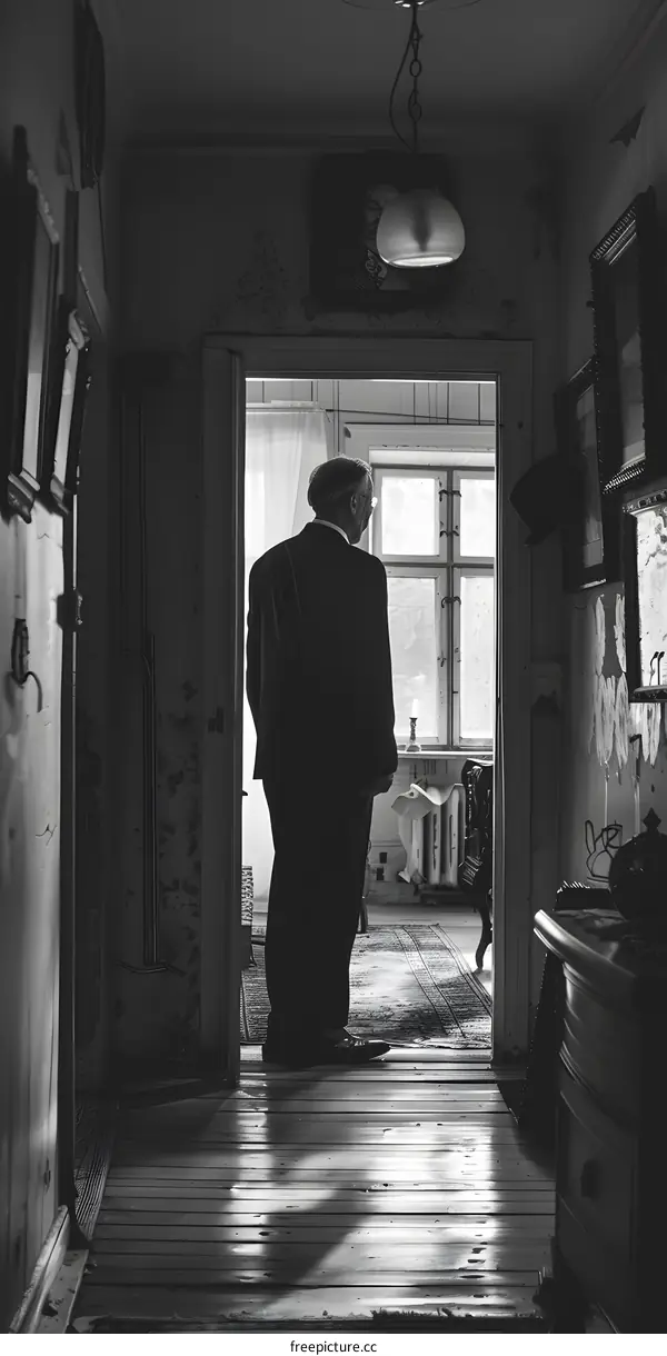 An old man standing in a doorway looking out at the light