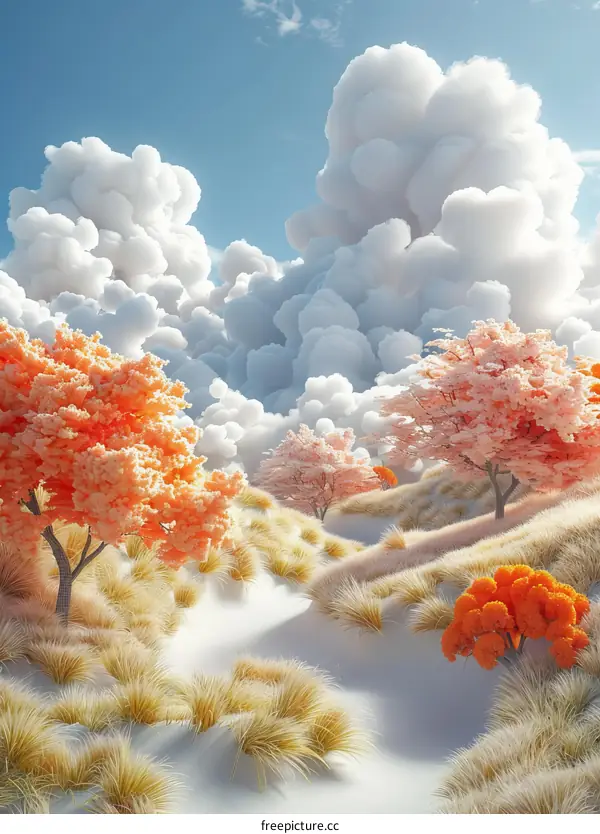 Surreal Landscape with Pink and Orange Trees and Clouds