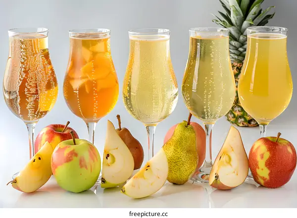 Four Glasses Of Sparkling Apple Cider With Pear And Apple Slices