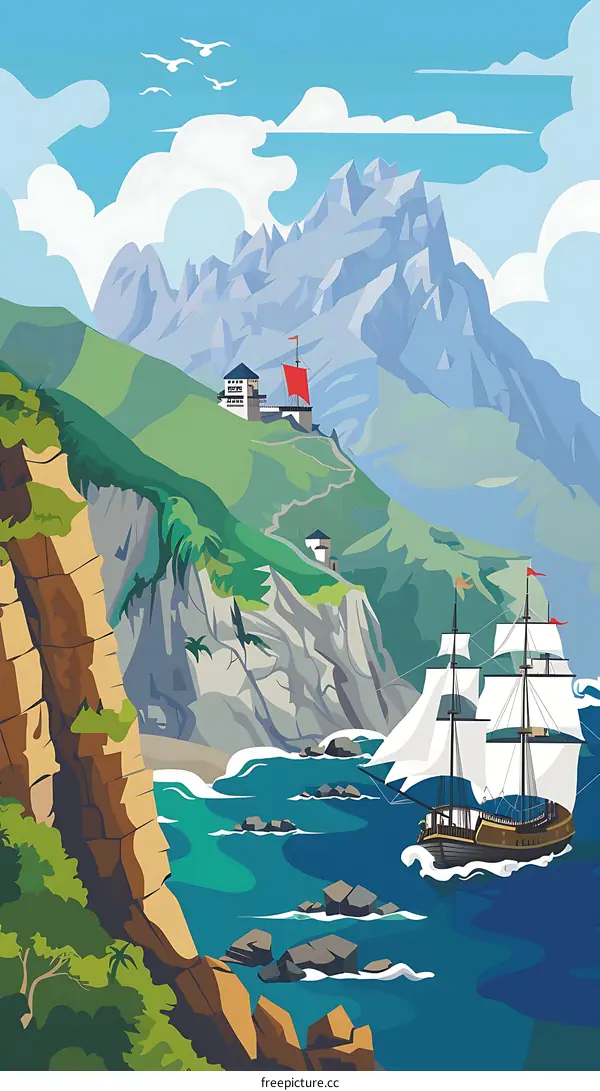Sailing Ship Near Mountain Cliffs