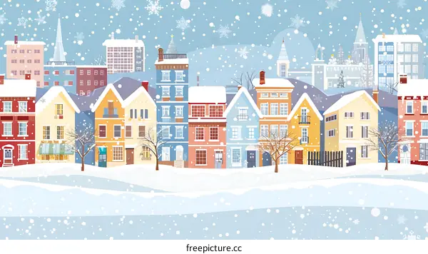Winter Cityscape with Snowy Houses and Falling Snowflakes