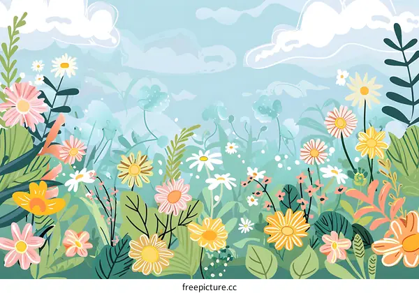 Colorful Spring Flowers Field Meadow Illustration