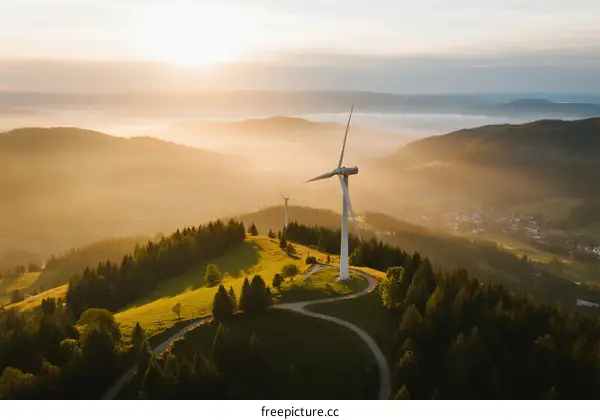 Sunrise Over Mountainous Area with Wind Turbines Generating Clean Energy
