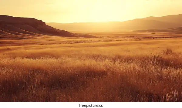 Golden Grass Field at Sunset with Mountain in Background