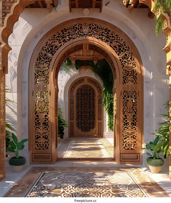 Wooden carved archway with intricate geometric patterns and hanging plants
