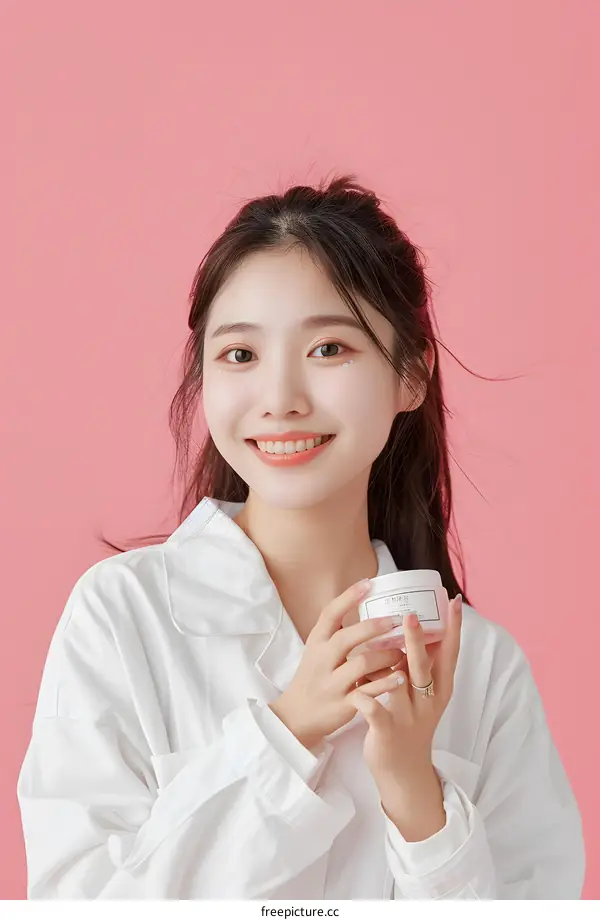 Smiling Asian Woman Holding Beauty Product Against Pink Background