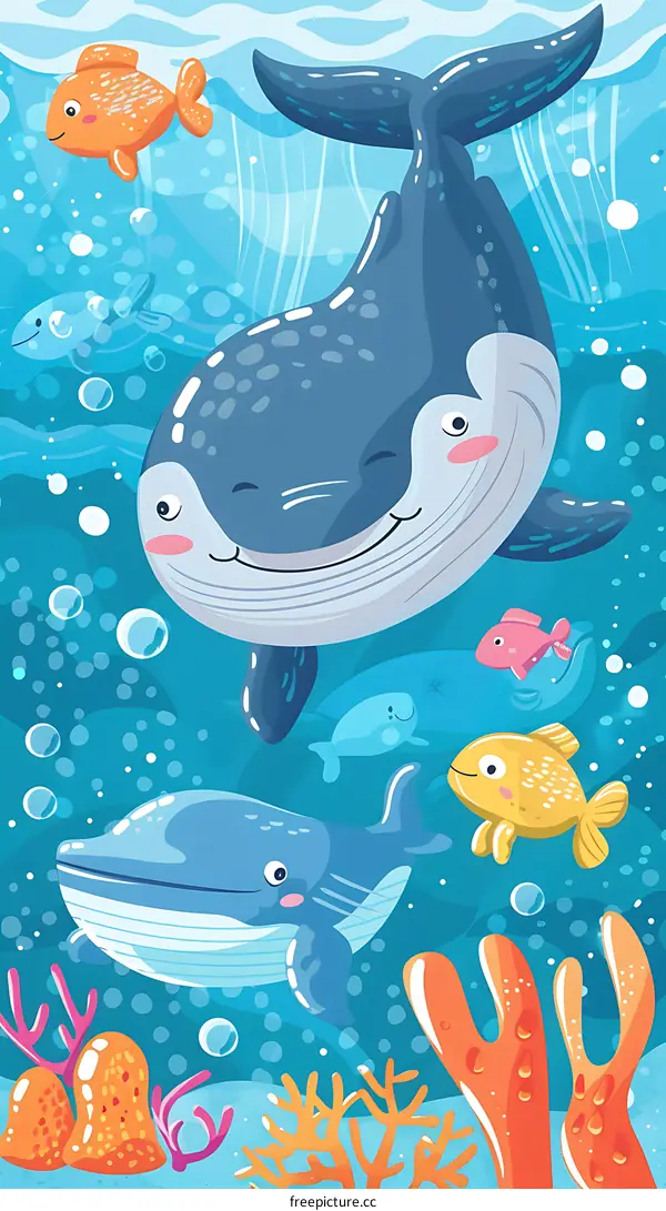 Cute Cartoon Whales Swimming Underwater