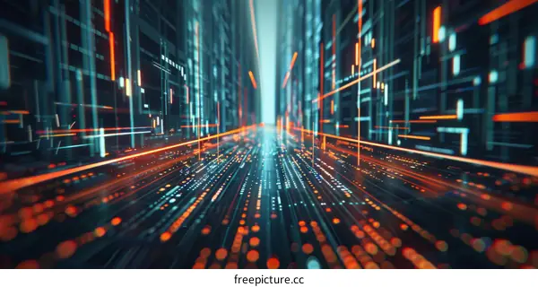 Futuristic neon lines background with digital glowing shapes in orange blue