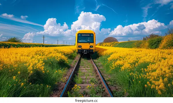 Yellow train passing through a field of yellow flowers