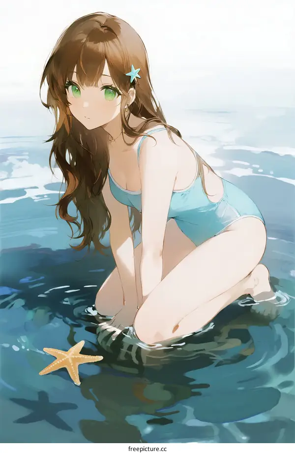 A young woman with long brown hair in blue swimsuit standing in shallow water