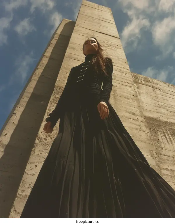 Woman in black dress standing in front of concrete building