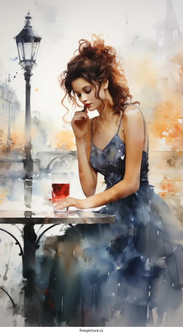 Lovely woman in a blue dress is having a drink at a table in a cafe with a bridge and a river in the background