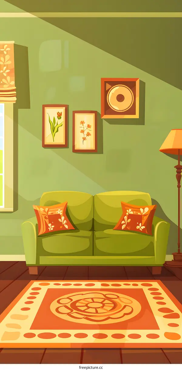 Cartoon Illustration Of Cozy Living Room Interior Design With Green Sofa