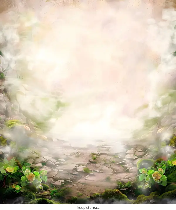 Fantasy Stone Path with Fog and Flowers