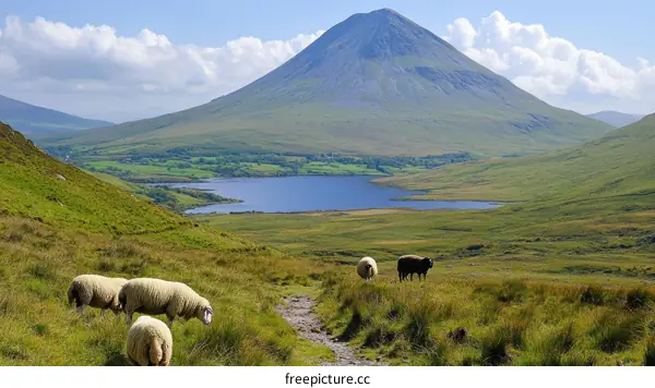 Irish Sheep Grazing Scenic Mountain Landscape