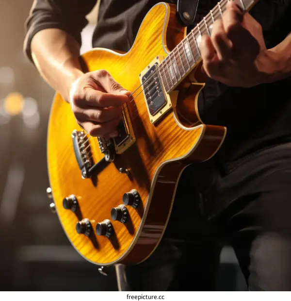 Close-up image of a musician playing the guitar