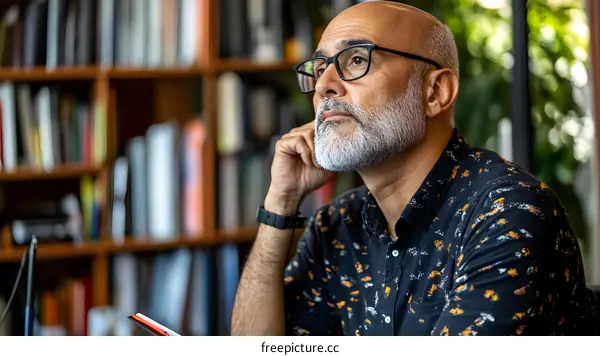 Thoughtful Man Sitting in a Library
