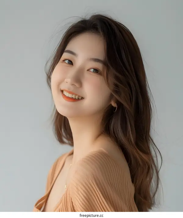Portrait of a Smiling Asian Woman with Long Brown Hair