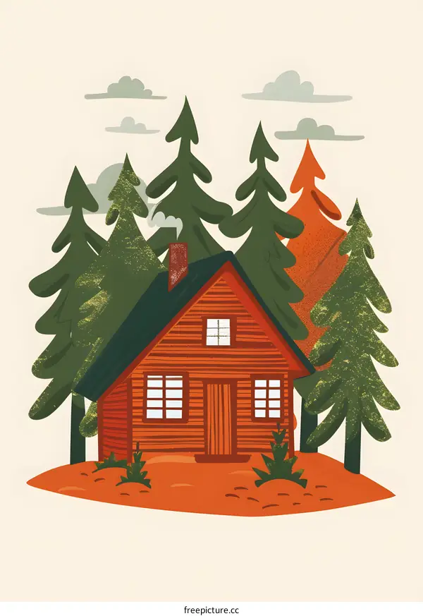 Cabin in the Forest with Smoke Coming Out of the Chimney