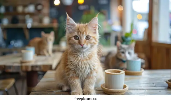 A ginger kitten sits on a table in a cafe