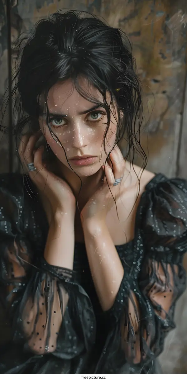 Portrait of a young woman with wet hair and dark eyes