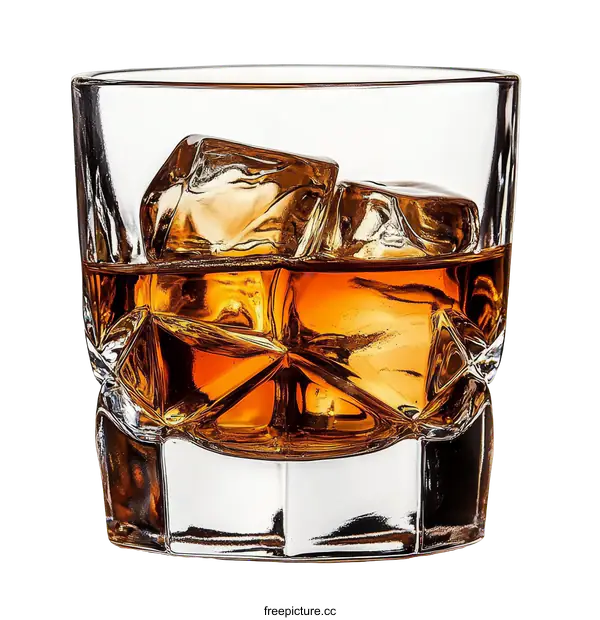 [Transparent Background PNG]Whiskey Glass with Ice Cubes Close-up