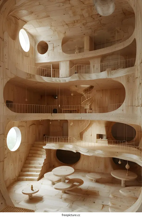 A wooden house with a spiral staircase and multiple levels