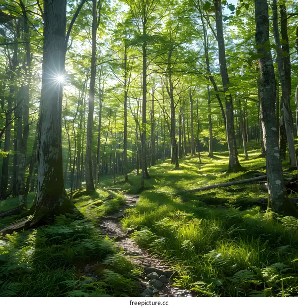 The sun shines through the forest