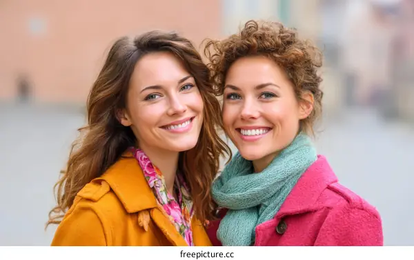 Two Caucasian Women Smiling Outdoors