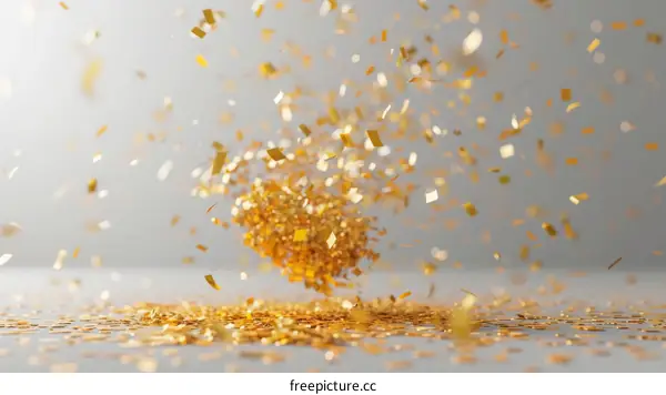 Golden confetti falling on a white surface