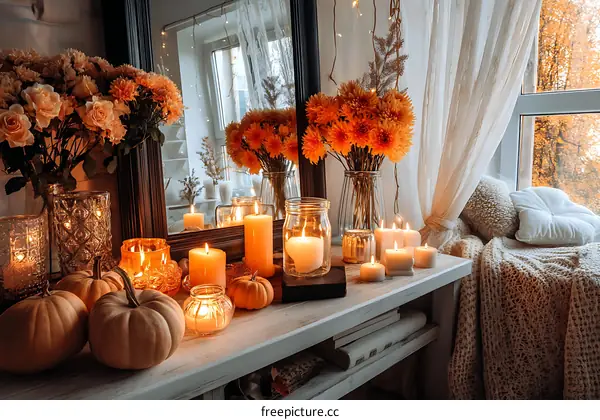 Autumn Cozy Home Decor with Candles and Flowers