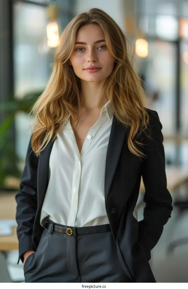 portrait of a young woman in a white blouse and black suit