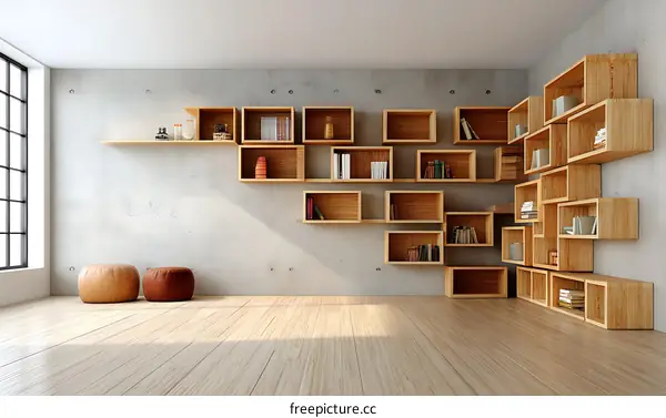 Modern Wooden Shelving Unit in a Minimalist Room