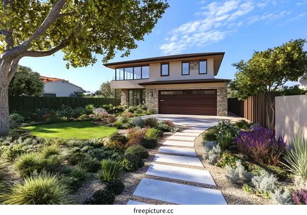Modern Home with Stone Facade and Lush Landscaping