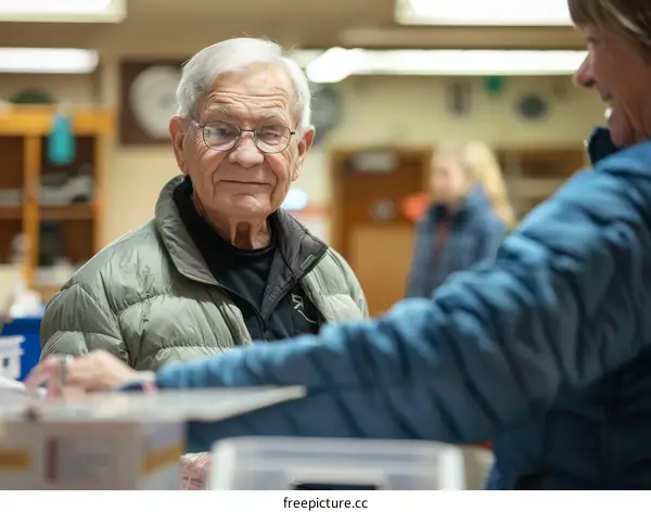 An elderly man wearing glasses is looking at a woman.