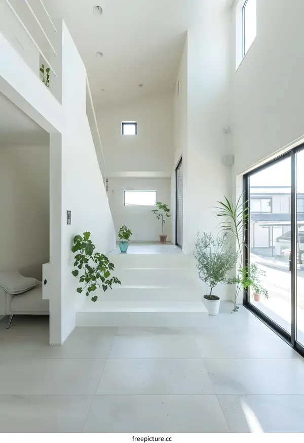 Modern Minimalist White Interior Design With Stairs And Plants