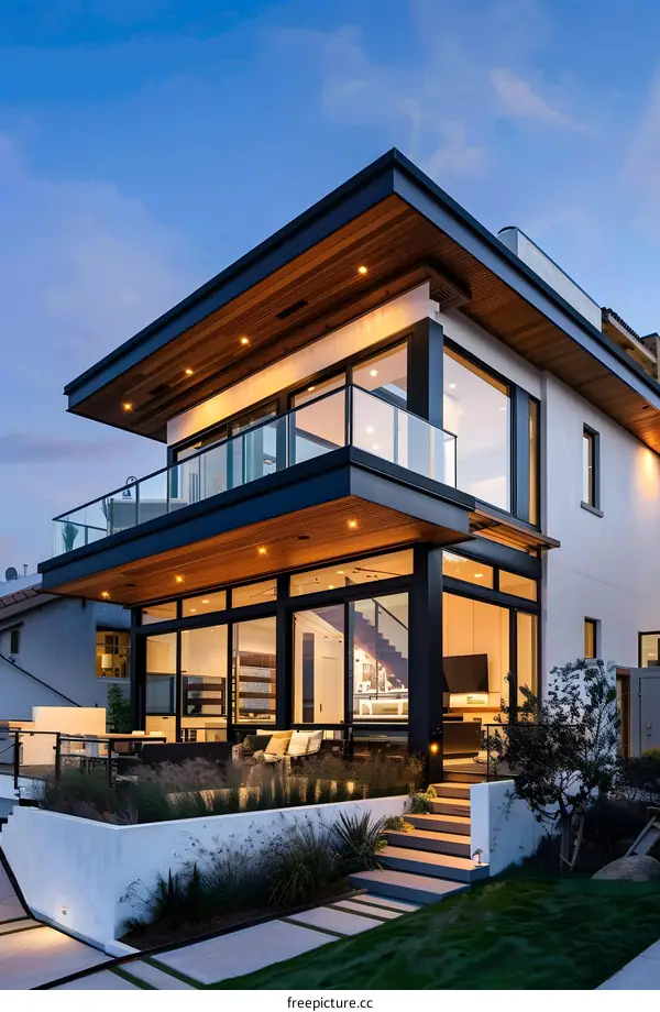 Modern Home With Large Windows and Wooden Roof