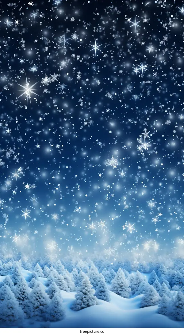 A beautiful winter night with a lot of snowflakes falling in a snowy forest