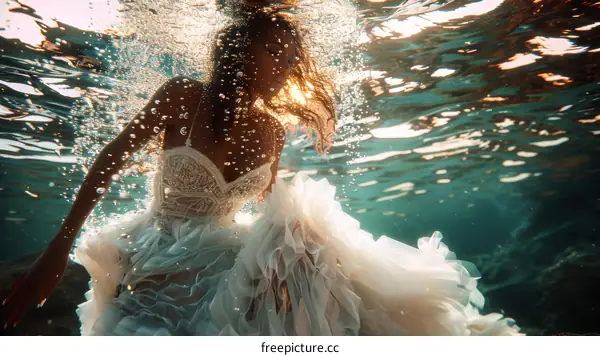 Underwater photoshoot of a woman in a white dress