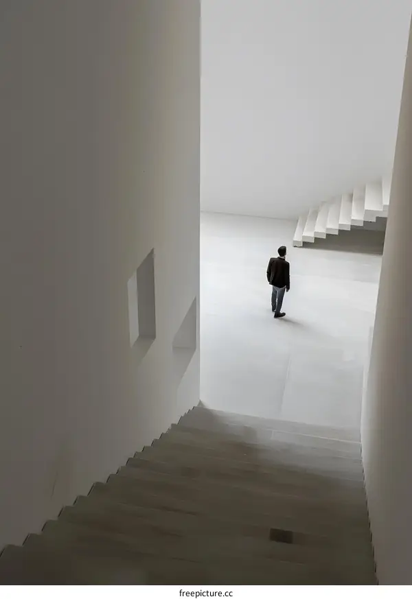 Modern Staircase in a Minimalist White Interior with a Single Man