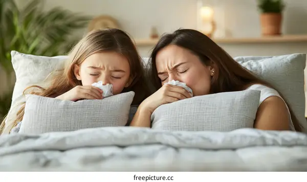 Sick Children and Mother Lying in Bed