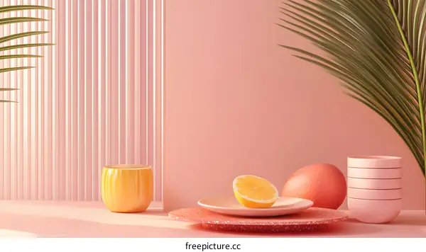 Pink and Yellow Minimalist Summer Still Life with Palm Leaves