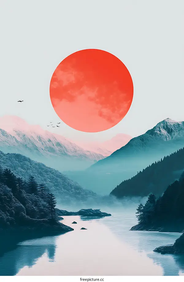 Minimalist Sunrise Landscape With Mountains And Lake