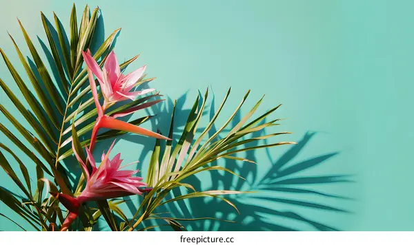 Tropical Leaves and Flowers on Mint Green Background