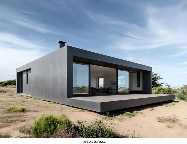 Modern Black House with Deck and Patio in Front of Blue Sky