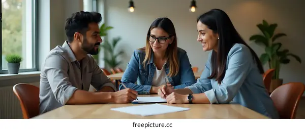 Business Meeting Three Diverse People Signing Documents