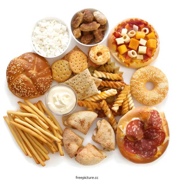 Variety of Food and Snacks on White Background