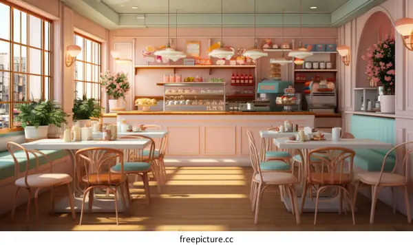 Pastel Pink Café Interior with Kawaii Decor