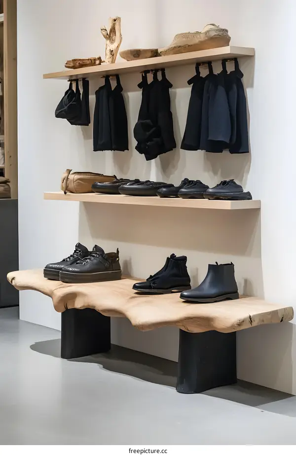 Minimalist Shop Interior with Wooden Shelves and Black Leather Boots