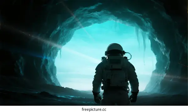 Astronaut Exploring Glowing Ice Cave in Distant Planet